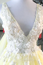 Yellow v neck tulle lace long Evening Prom Dress yellow formal Dress
