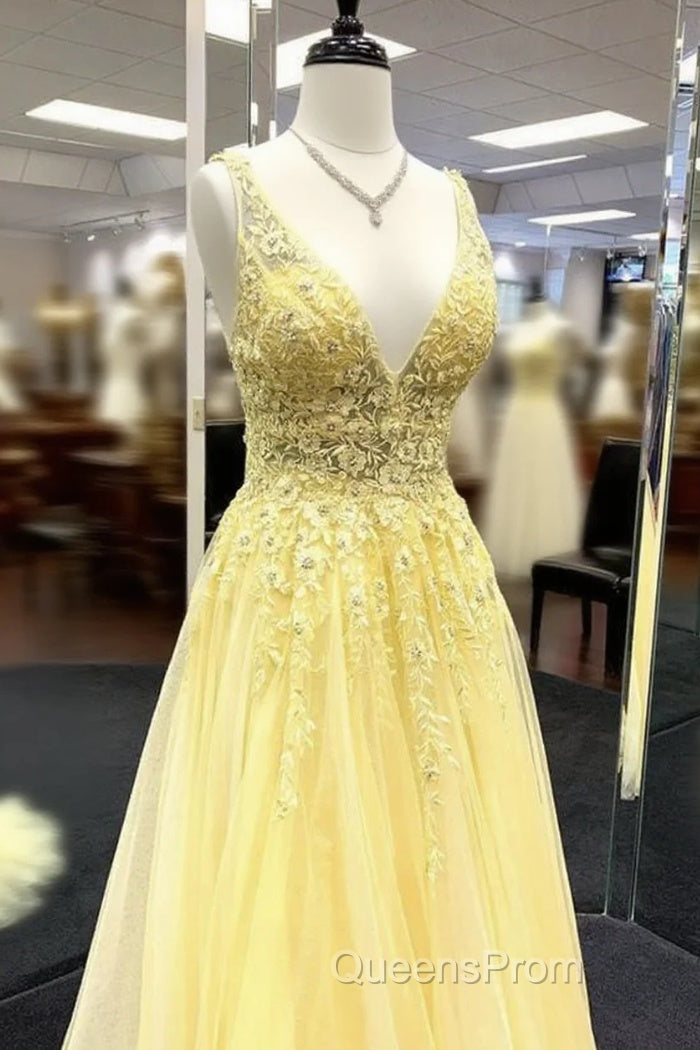 Yellow V Neck Tulle Lace Evening Prom Dress Evening Dress Main image