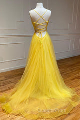 Yellow v neck tulle long Evening Prom Dress yellow formal Dress