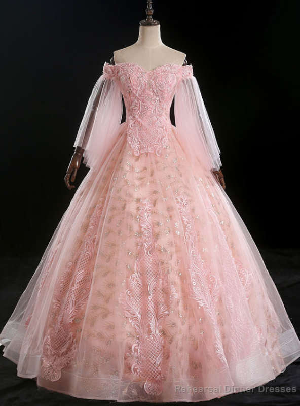 You Are Sure To Find The Perfect Pink Ball Tulle Sequins Off the Shoulder Appliques Quinceanera Dress Main image