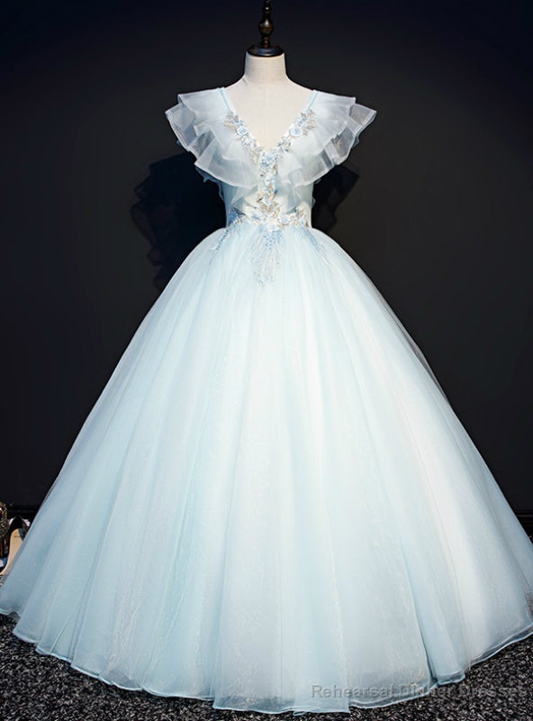 You Are Sure To Find The Perfect Sky Blue Ball Gown Tulle V-neck Appliques Quinceanera Dress Main image