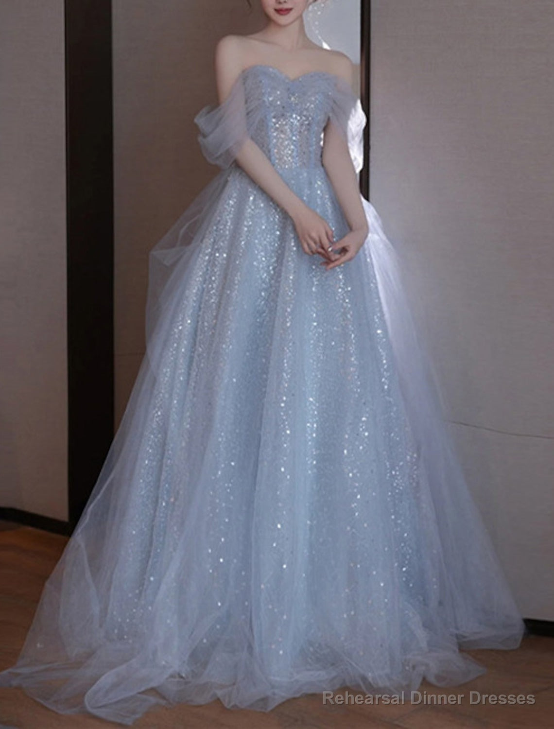 A-Line Party Dresses Elegant Dress Wedding Guest Prom Floor Length Sleeveless Off Shoulder Sequined with Sequin dress to impress Main image