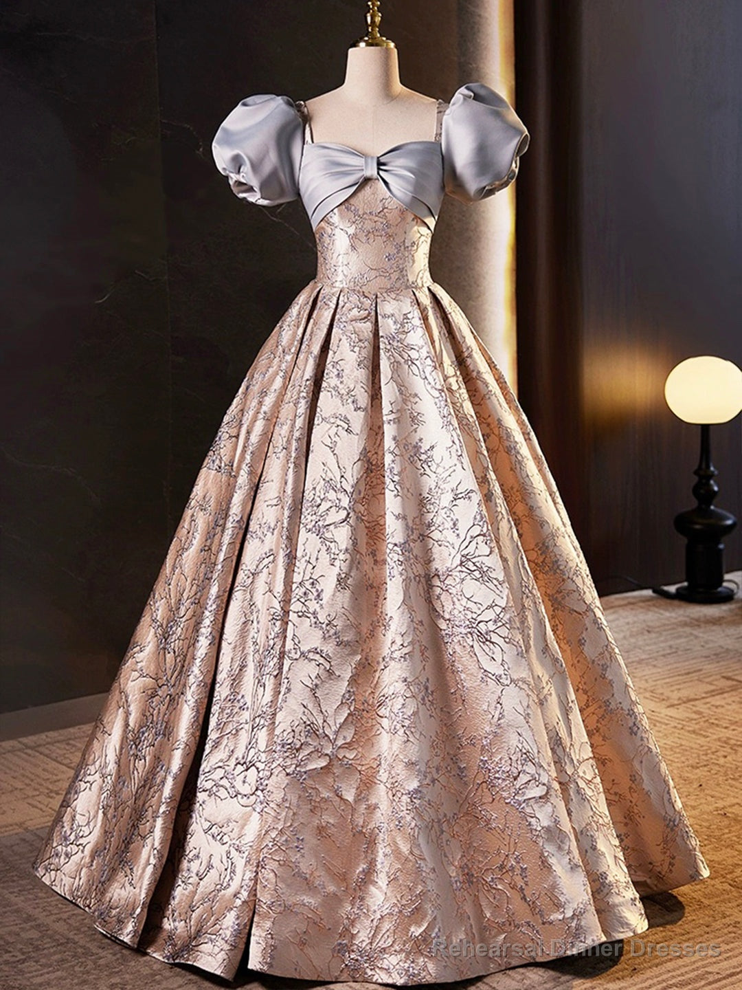 Stylish Floor-Length Printing Prom Dresses, A-Line Short Sleeve Backless Evening Formal Dresses Secondary image
