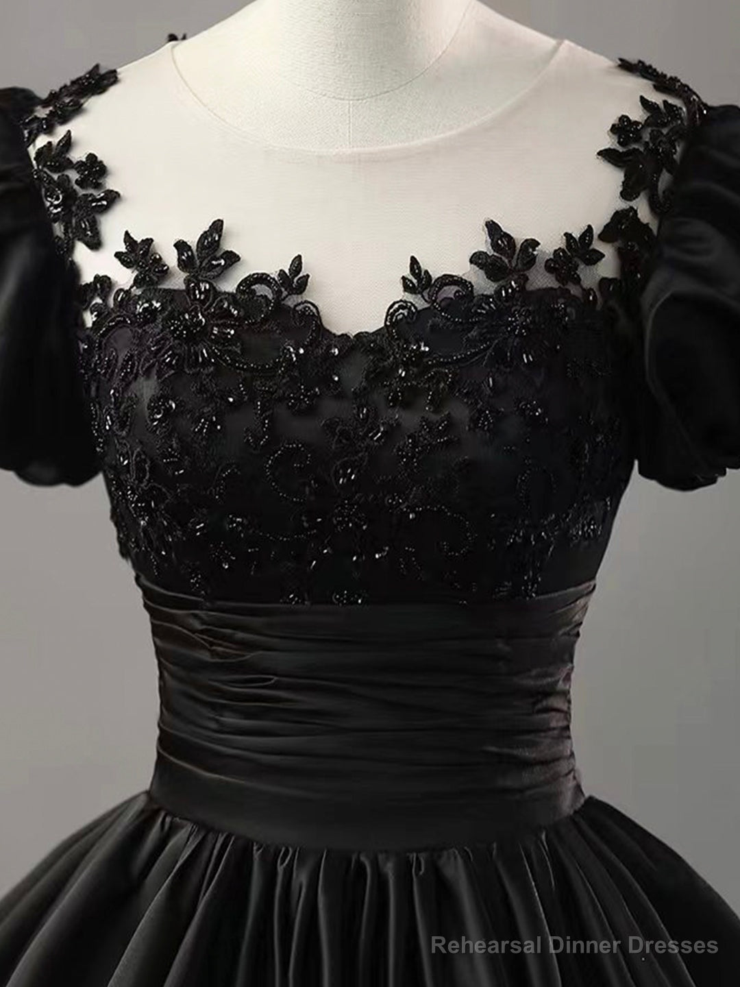 Black Scoop Neckline Satin Lace Long Prom Dress, A-Line Short Sleeve Party Dress Secondary image