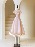 Pink Tulle Beaded Tea Length Prom Dress, Pink A-Line Off Shoulder Party Dress