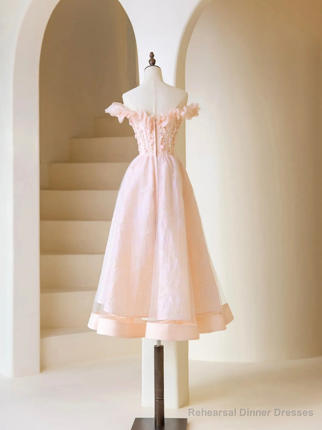 Pink Tulle Beaded Tea Length Prom Dress, Pink A-Line Off Shoulder Party Dress Main image