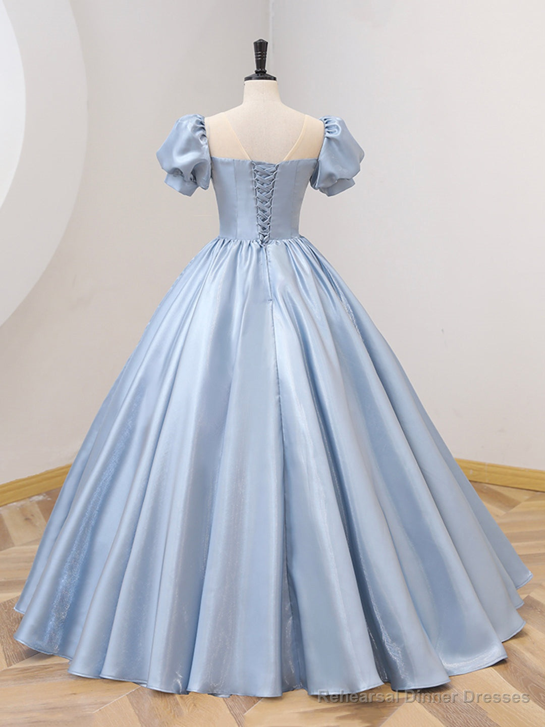Blue Satin Floor Length Prom Dress with Bow, Blue A-Line Evening Formal Dress Main image