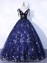 Navy Blue Tulle Long Prom Dress, Spaghetti Straps Lace Flower Backless Evening Dress