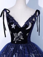 Navy Blue Tulle Long Prom Dress, Spaghetti Straps Lace Flower Backless Evening Dress