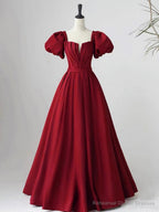 Lovely Satin Floor Length Short Sleeves Party Dress, A-Line Evening Party Dress