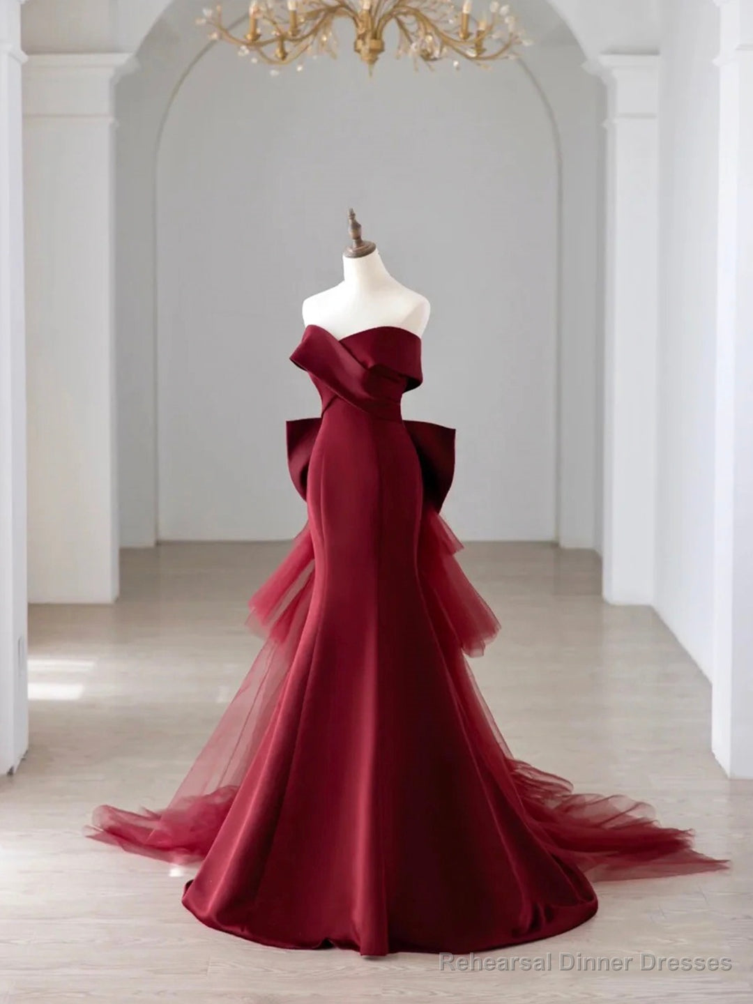 Off the Shoulder Floor Length Satin Prom Dress, Mermaid V-Neck Evening Party Dress Main image