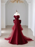 Off the Shoulder Floor Length Satin Prom Dress, Mermaid V-Neck Evening Party Dress