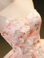 Beautiful Strapless Tulle Flower Long Prom Dress, Pink Ball Gown Formal Dress