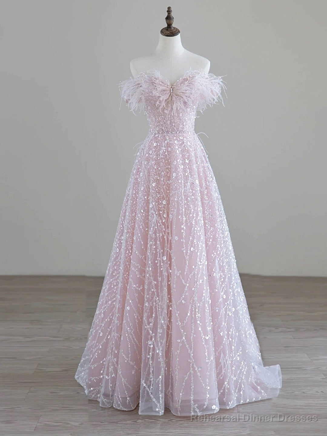 Sparkling Tulle Sequin Long Prom Dress, Off the Shoulder Pink Evening Party Dress Main image