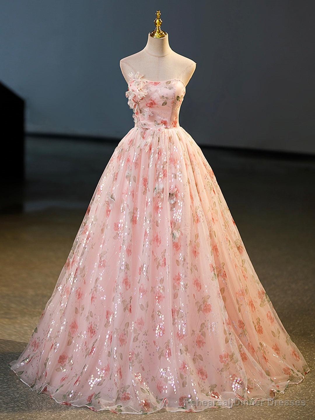 Beautiful Strapless Tulle Flower Long Prom Dress, Pink Ball Gown Formal Dress Secondary image