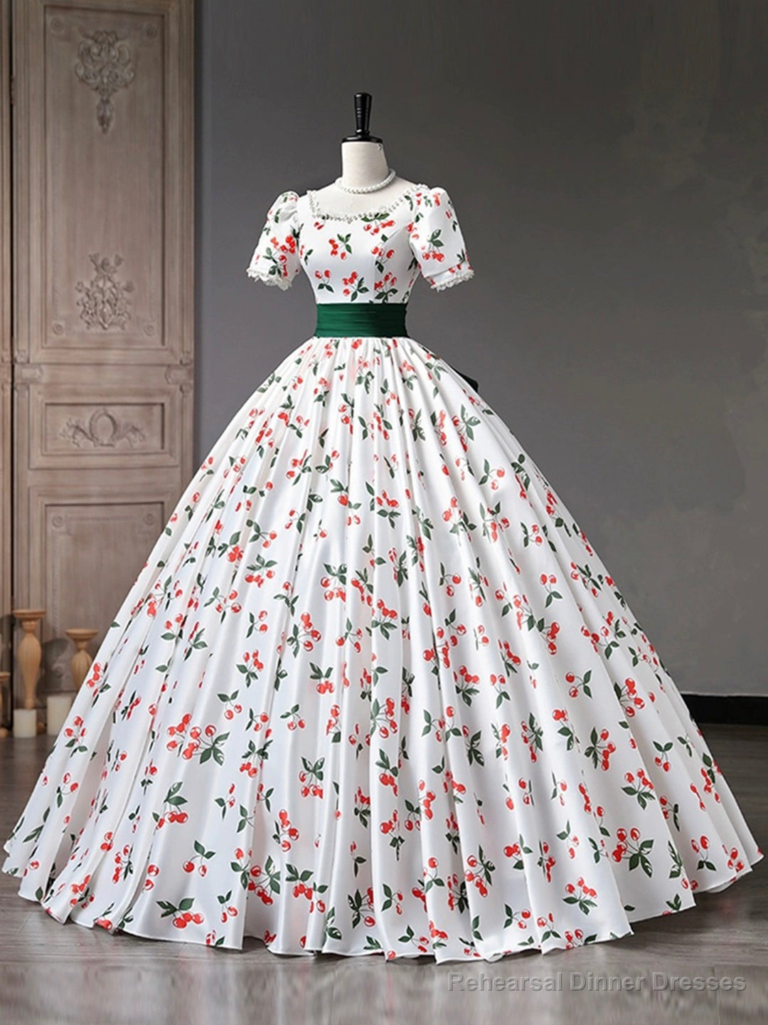 Beautiful Cherry Pattern Long Princess Prom Dress, White A-Line Short Sleeve Evening Party Dress Main image