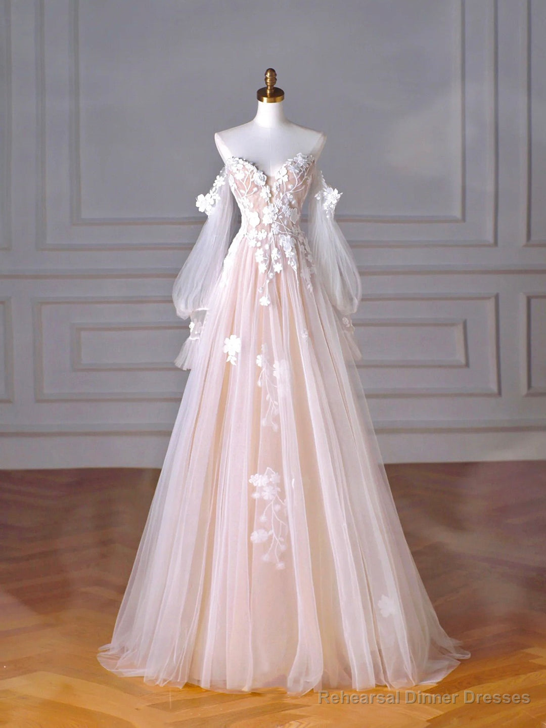 Champagne Tulle Lace Sweetheart Neck Long Formal Dress, A-Line Puff Sleeves Party Dress Main image