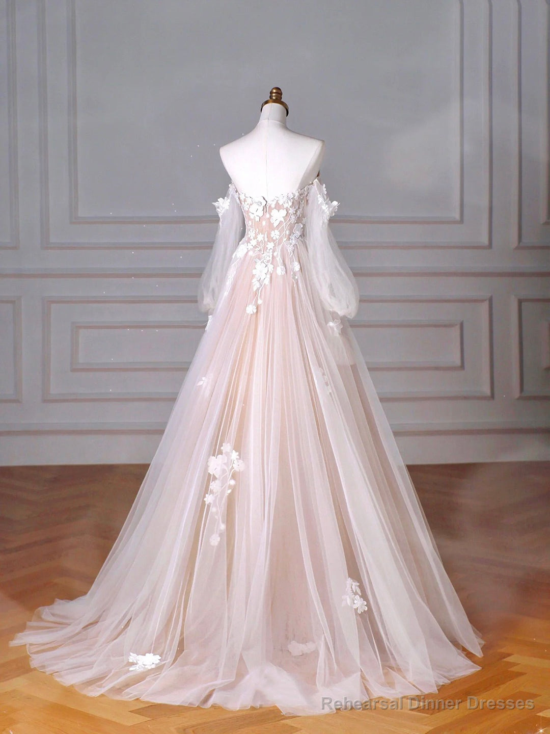 Champagne Tulle Lace Sweetheart Neck Long Formal Dress, A-Line Puff Sleeves Party Dress Secondary image