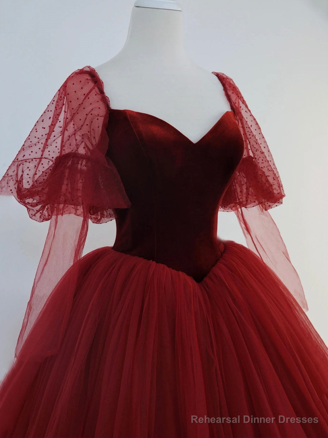 Burgundy Velvet and Tulle Floor Length Formal Dress, A-Line Long Sleeve Tulle Evening Party Dress Secondary image