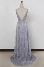 Spaghetti Straps Long Lace Evening Prom Gown, A Line V Neck Sleeveless Formal Dress