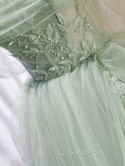 Zoom Light Green Tulle Beaded Sweetheart Long Evening Prom Dress, A-Line Green Formal Dress