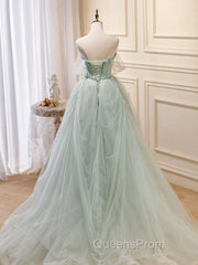 Zoom Light Green Tulle Beaded Sweetheart Long Evening Prom Dress, A-Line Green Formal Dress