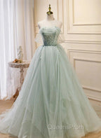 Zoom Light Green Tulle Beaded Sweetheart Long Evening Prom Dress, A-Line Green Formal Dress