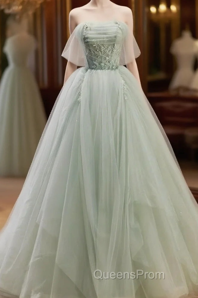 Zoom Light Green Tulle Beaded Sweetheart Long Evening Prom Dress, A-Line Green Formal Dress Main image