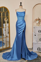 Prom Dresses Colors, Blue Pleated Strapless Mermaid Satin Long Prom Dress with Slit