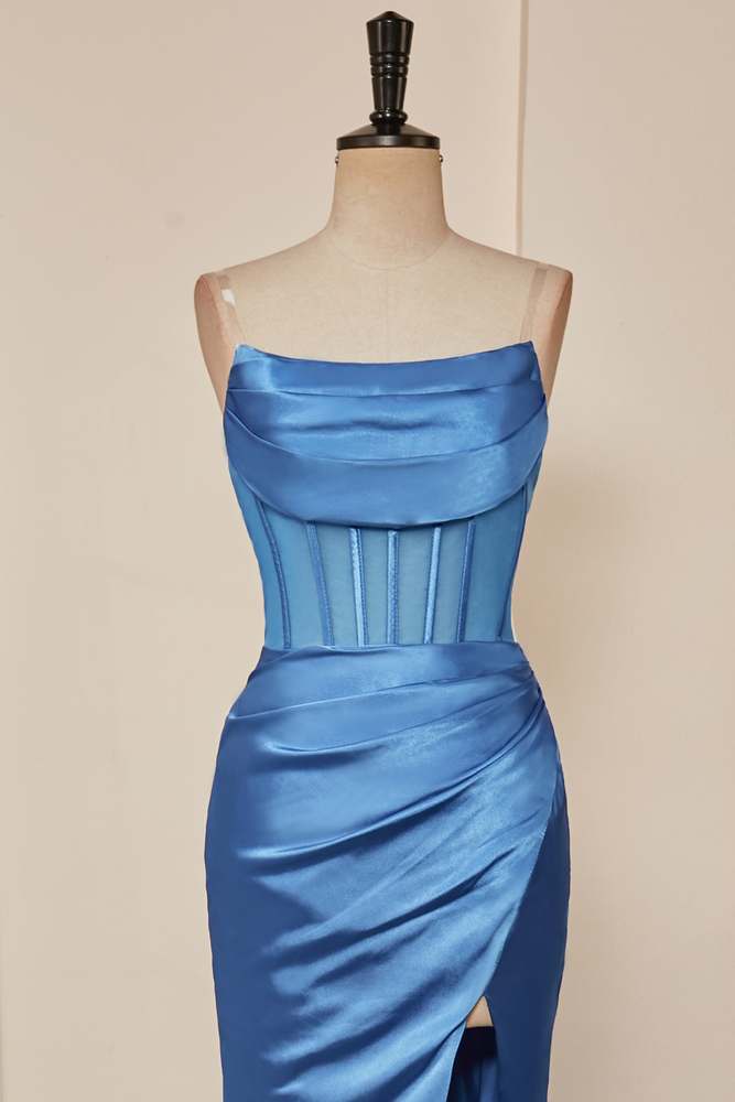 Prom Dress Boutique, Blue Pleated Strapless Mermaid Satin Long Prom Dress with Slit