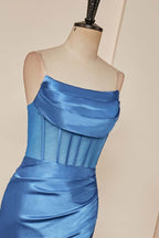 Prom Dress Colors, Blue Pleated Strapless Mermaid Satin Long Prom Dress with Slit
