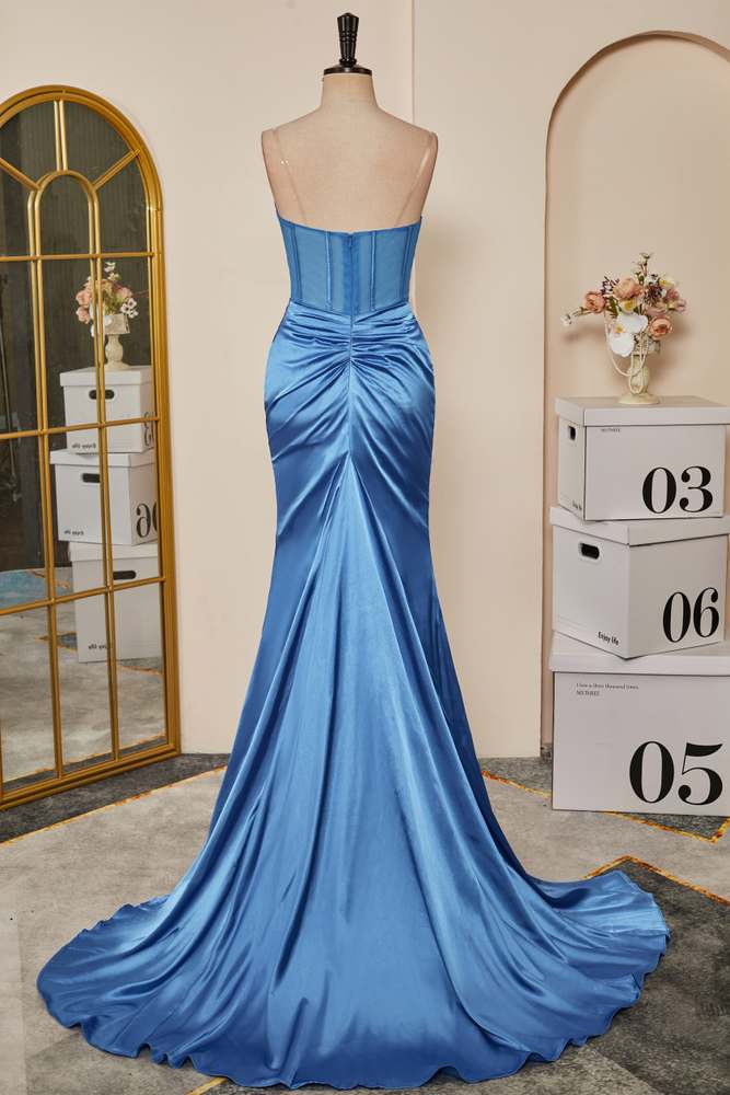Prom Dresses Boutique, Blue Pleated Strapless Mermaid Satin Long Prom Dress with Slit Main image