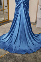 Prom Dresses Colorful, Blue Pleated Strapless Mermaid Satin Long Prom Dress with Slit