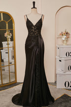 Prom Dresses Shiny, Black Mermaid Pluning V Appliques Long Prom Dress with Slit