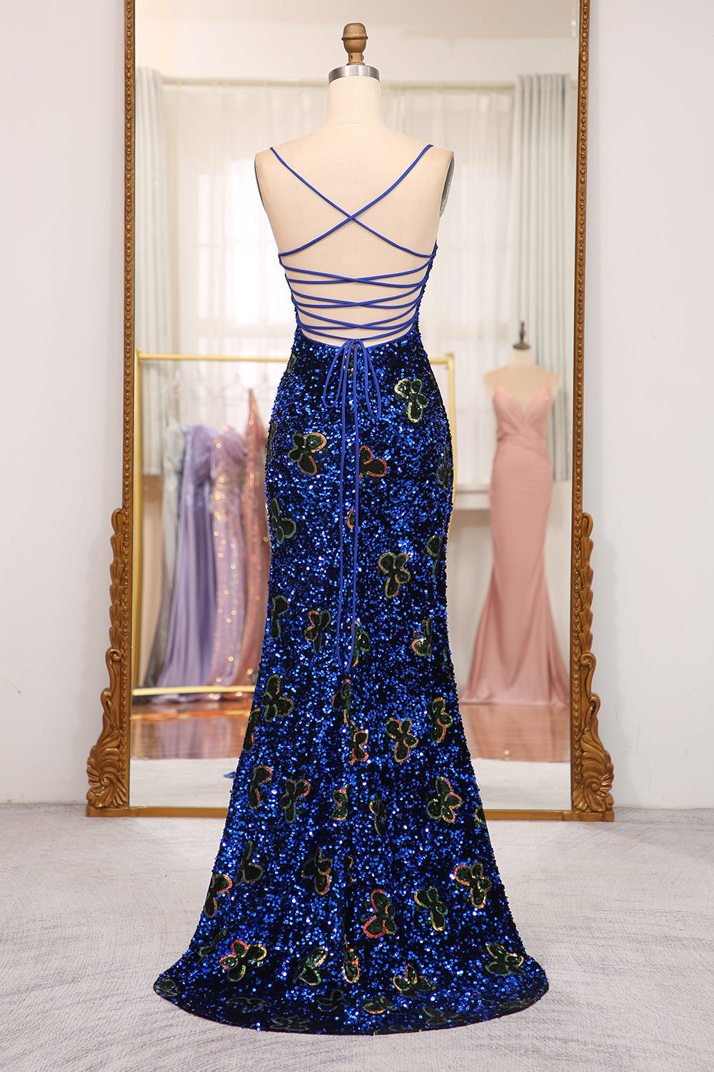 Prom Dresses 2034 Long Sleeve, Sparkly Royal Blue Lace Up Long Sequined Prom Dress With Slit Main image