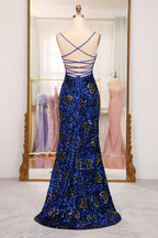 Prom Dresses 2034 Long Sleeve, Sparkly Royal Blue Lace Up Long Sequined Prom Dress With Slit