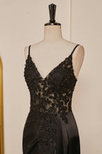 Prom Dresses Long Sleeve, Black Mermaid Pluning V Appliques Long Prom Dress with Slit
