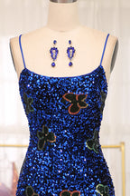 Prom Dresses Blue Lace, Sparkly Royal Blue Lace Up Long Sequined Prom Dress With Slit