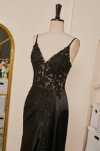 Prom Dress Long Sleeves, Black Mermaid Pluning V Appliques Long Prom Dress with Slit
