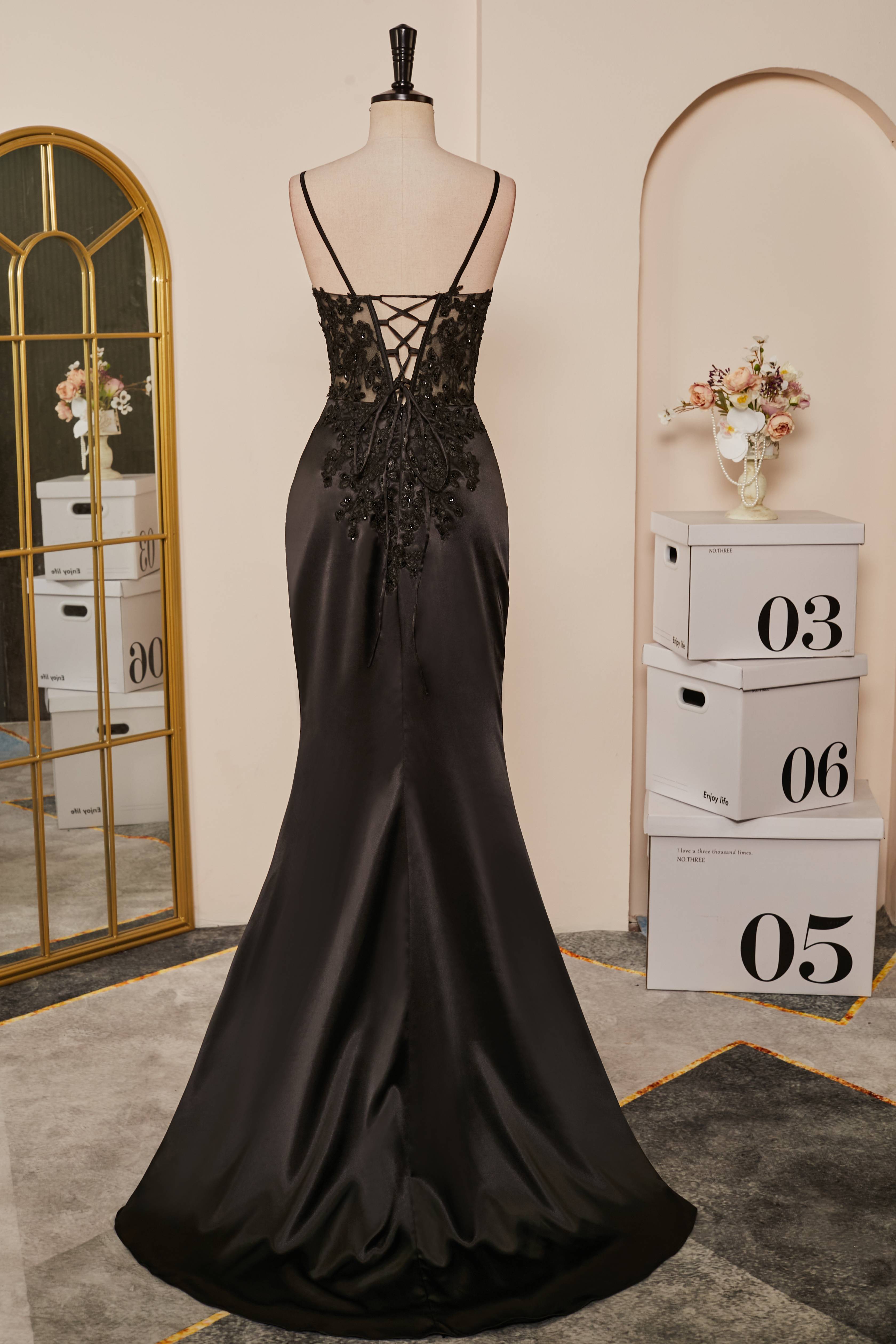 Prom Dresses Off Shoulder, Black Mermaid Pluning V Appliques Long Prom Dress with Slit Main image