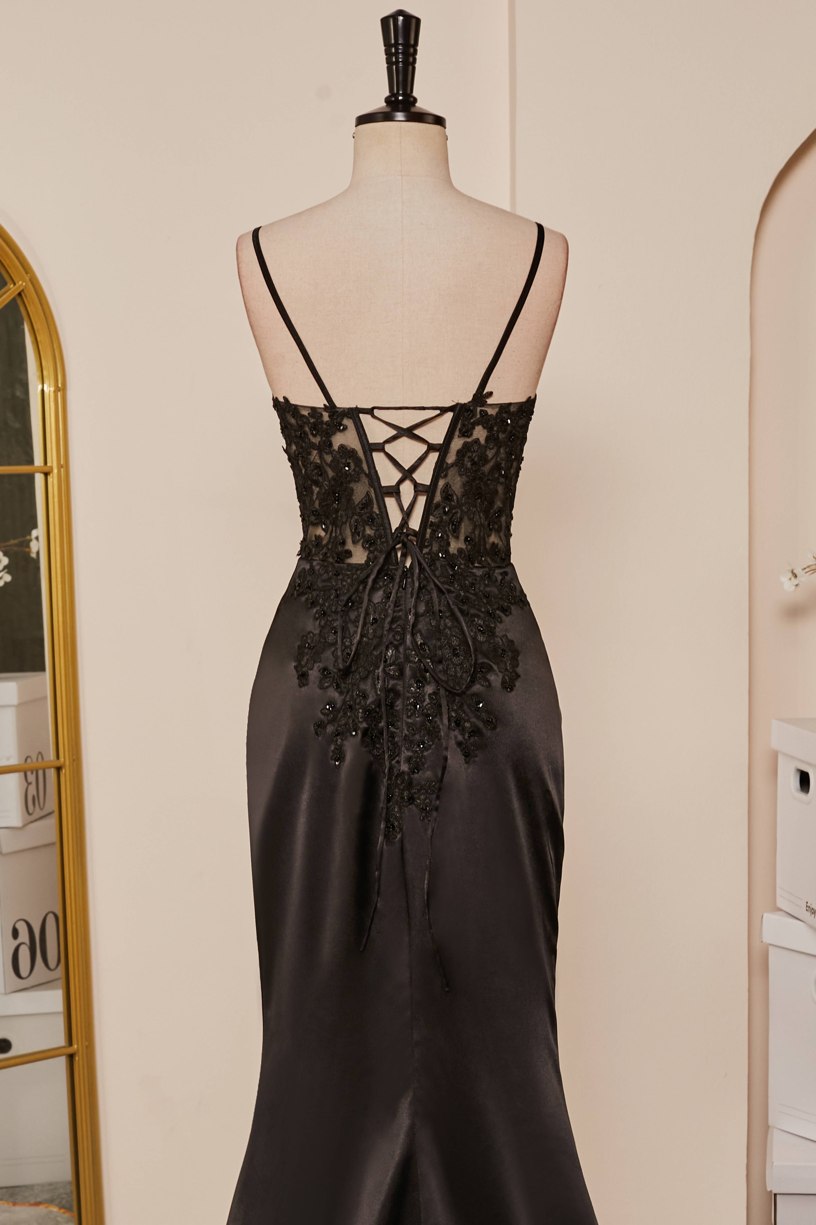 Prom Dress Long Sleeved, Black Mermaid Pluning V Appliques Long Prom Dress with Slit