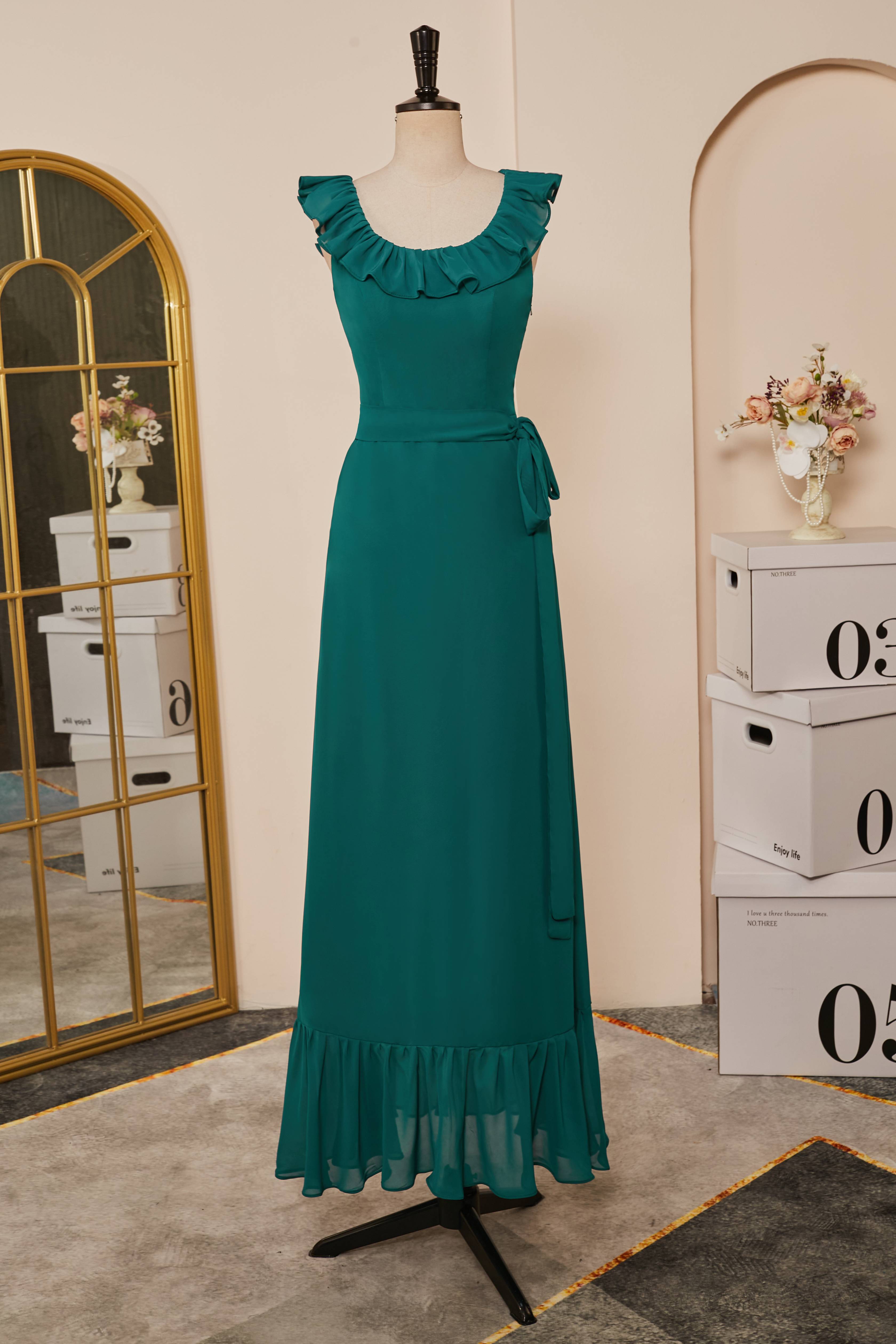 Party Dresses Ideas, Teal Ruffled Neck A-line Long Bridesmaid Dress with Sash