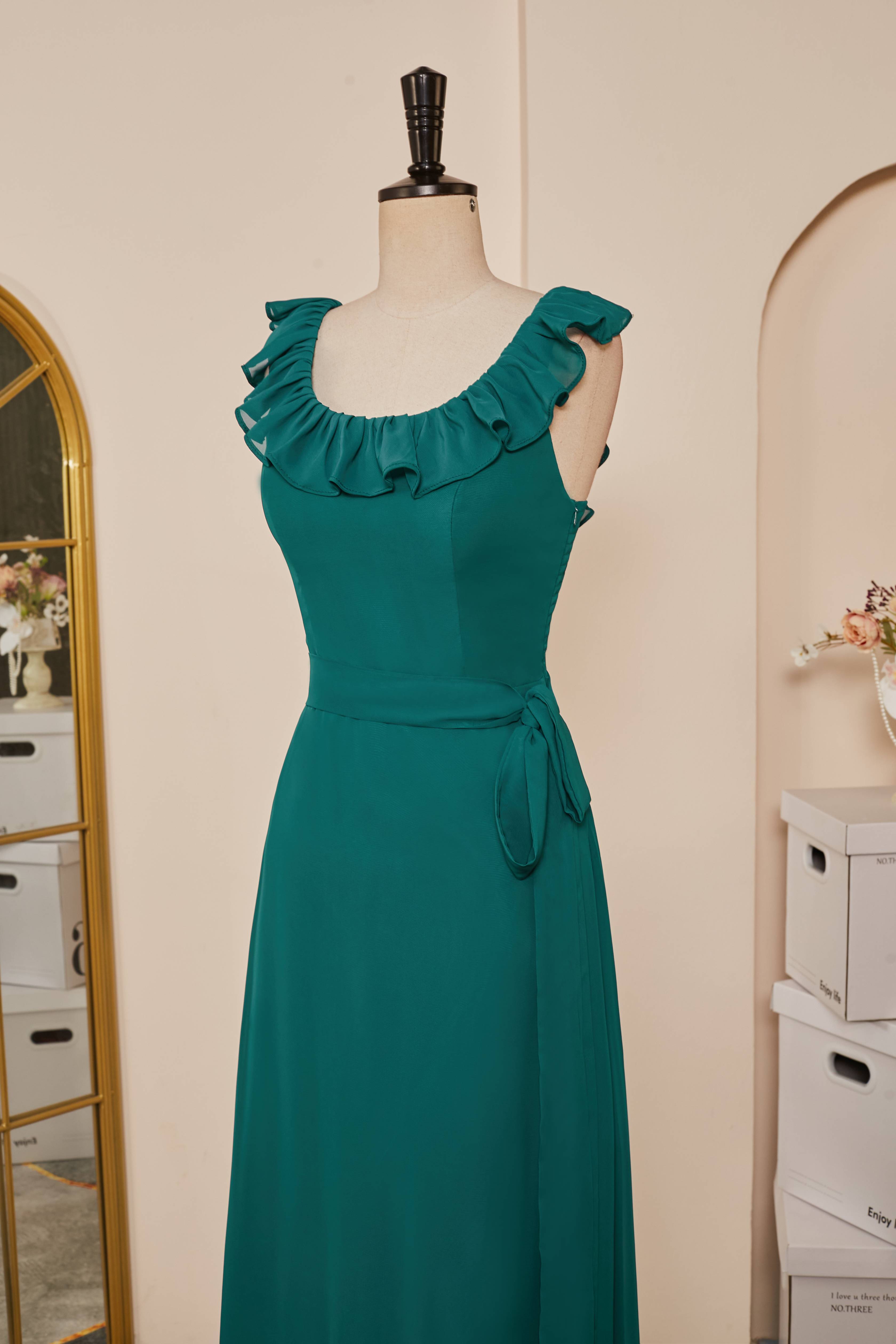 Party Dress Prom, Teal Ruffled Neck A-line Long Bridesmaid Dress with Sash Main image