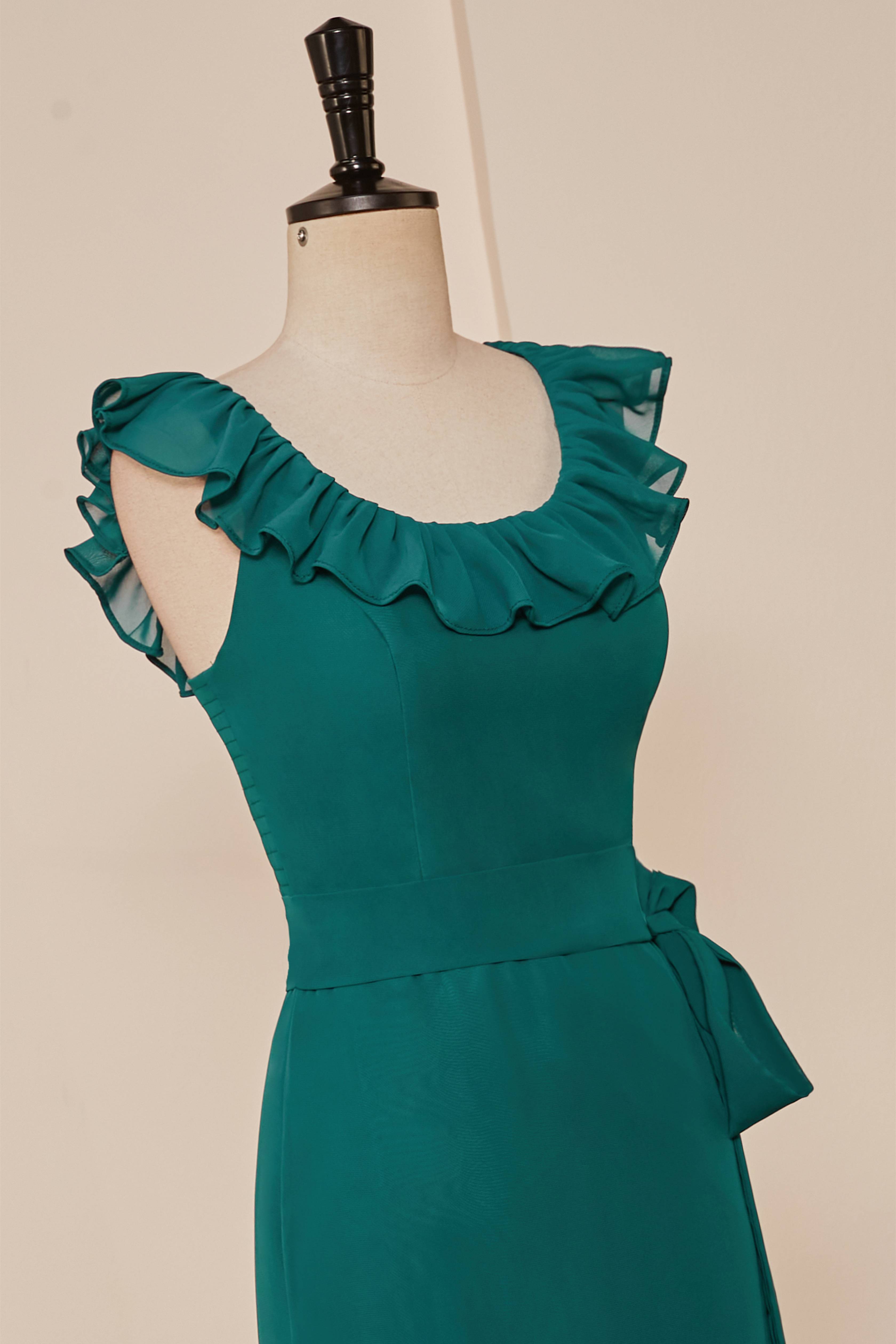 Party Dresse Idea, Teal Ruffled Neck A-line Long Bridesmaid Dress with Sash