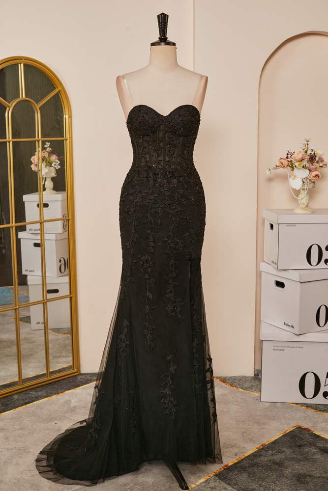 Prom Dresses Ball Gown Style, Black Strapless Appliques Mermaid Long Prom Dress with Slit