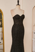 Prom Dresses 2040 Long, Black Strapless Appliques Mermaid Long Prom Dress with Slit