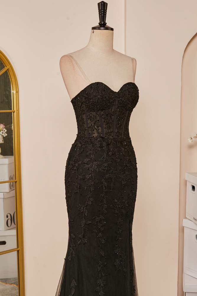 Prom Dresses 2040 Long, Black Strapless Appliques Mermaid Long Prom Dress with Slit