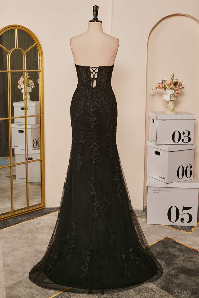 Prom Dresses Champagne, Black Strapless Appliques Mermaid Long Prom Dress with Slit Main image