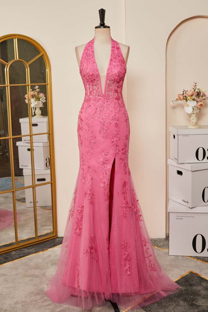 Prom Dress Designs, Pink Plunging Halter Appliques Mermaid Long Prom Dress with Slit