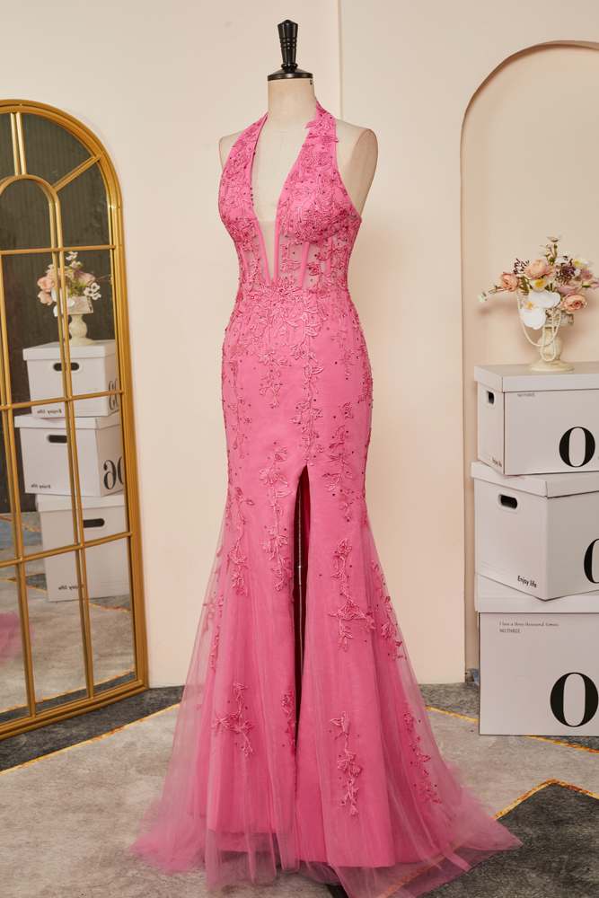 Prom Dress Designer, Pink Plunging Halter Appliques Mermaid Long Prom Dress with Slit